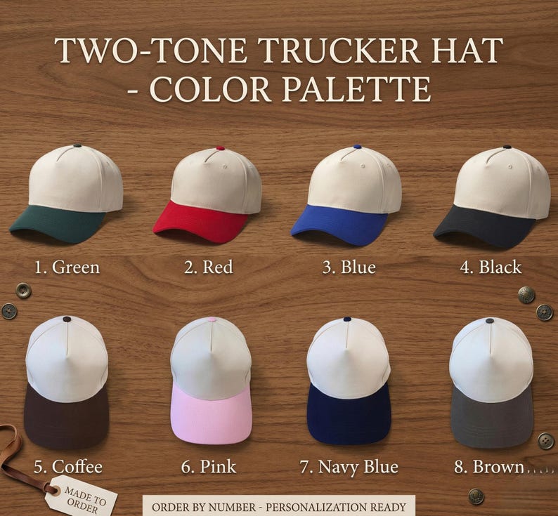 May include: A collection of eight two-tone trucker hats displayed in a grid. Each hat features a cream-colored crown and a colored brim. The colors are green, red, blue, black, coffee, pink, navy blue, and brown. Text reads TWO-TONE TRUCKER HAT.