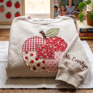 Personalized Teacher Sweatshirt, Patchwork Apple Applique Crewneck, Custom Name Sleeve, Back to School Teacher Gift