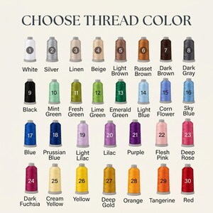 May include: Image displaying a color chart with thread colors. The text "CHOOSE THREAD COLOR" is at the top. The chart includes various colors like white, silver, black, blue, and yellow, each with a corresponding number.