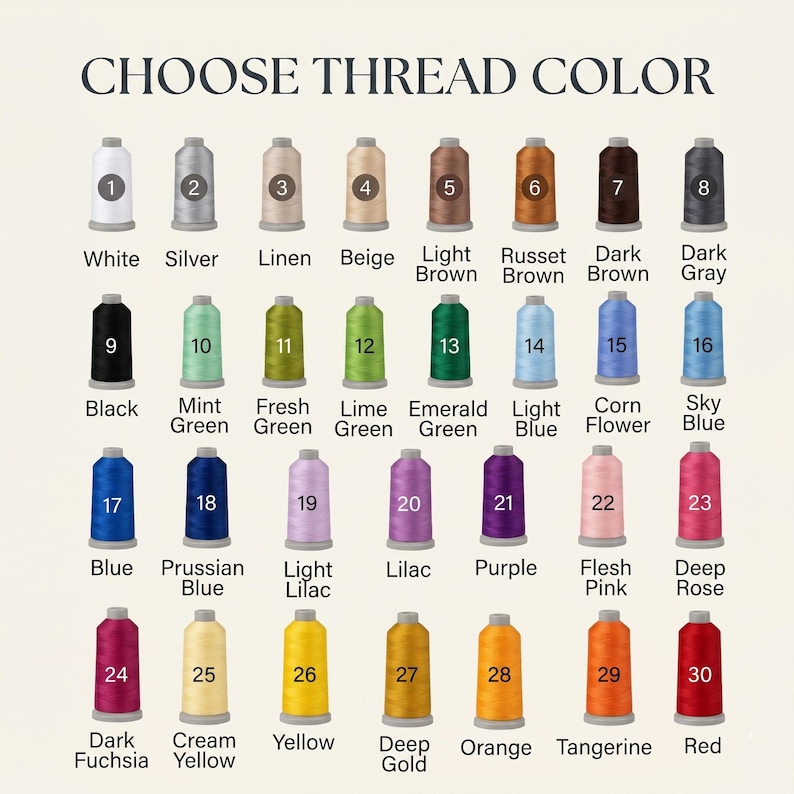 May include: Image displaying a color chart with thread colors. The text "CHOOSE THREAD COLOR" is at the top. The chart includes various colors like white, silver, black, blue, and yellow, each with a corresponding number.