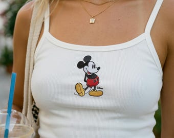 Embroidered Mickey Cotton Ribbed Camisole, White Fitted Tank Top with Cartoon Design, Y2K Aesthetic Cami, Cute Summer Essentials