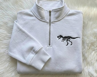 Embroidered Dinosaur Skeleton Quarter Zip Sweatshirt, T-Rex Animal Fossil Sweatshirt, Paleontology Gift, Unisex Embroidered 1/4 Zip Sweater