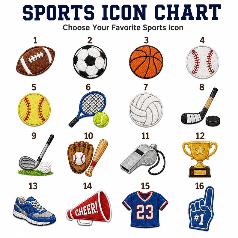 Op de afbeelding: Een sportpictogramkaart met zestien geborduurde patches genummerd van &eacute;&eacute;n tot zestien. De iconen bevatten een American football, voetbal, basketbal, honkbal, softbal, tennisracket, volleybal, hockeystick, golfclub, honkbalhandschoen, fluitje, trofee, sportschoen, megafoon, shirt en een schuimrubberen vinger.