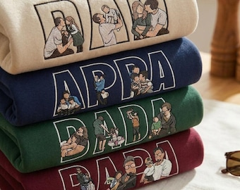 Op maat geborduurd vadersweater, gepersonaliseerde familiehoodie, vadercadeau van kinderen, papa ronde hals, minimalistisch familieportret shirt