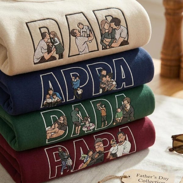Felpa personalizzata con ricamo per papà, felpa con cappuccio personalizzata per la famiglia, regalo per il papà dai figli, girocollo per papà, maglietta minimalista con ritratto di famiglia