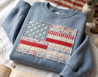 America Applique Patchwork Embroidered Sweatshirt, Patriotic USA Crewneck, Vintage Patchwork 4th of July Shirt, Americana Gift