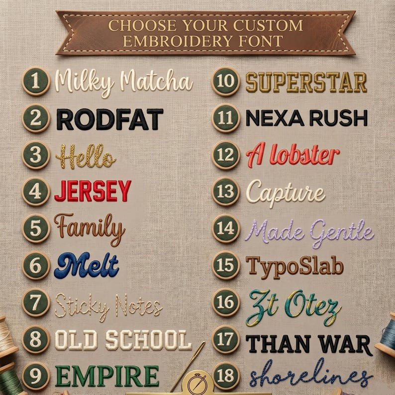 Op de afbeelding: Een overzicht met de titel CHOOSE YOUR CUSTOM EMBROIDERY FONT met achttien genummerde opties. Elk nummer komt overeen met een specifieke lettertypestijl, inclusief verschillende kleuren en schriften zoals Milky Matcha, RODFAT, Hello, JERSEY, Family, Melt, Sticky Notes, OLD SCHOOL, EMPIRE, SUPERSTAR, NEXA RUSH, A lobster, Capture, Made Gentle, TypoSlab, Zt Otez, THAN WAR en shorelines.