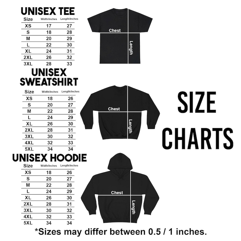 Op de afbeelding: Een maattabel voor unisex kleding met een t-shirt, sweatshirt en hoodie. Elk gedeelte bevat een tabel met breedte- en lengtematen in inches voor de maten XS tot 5XL, naast diagrammen die de borst- en lengtelijnen van de kledingstukken tonen.