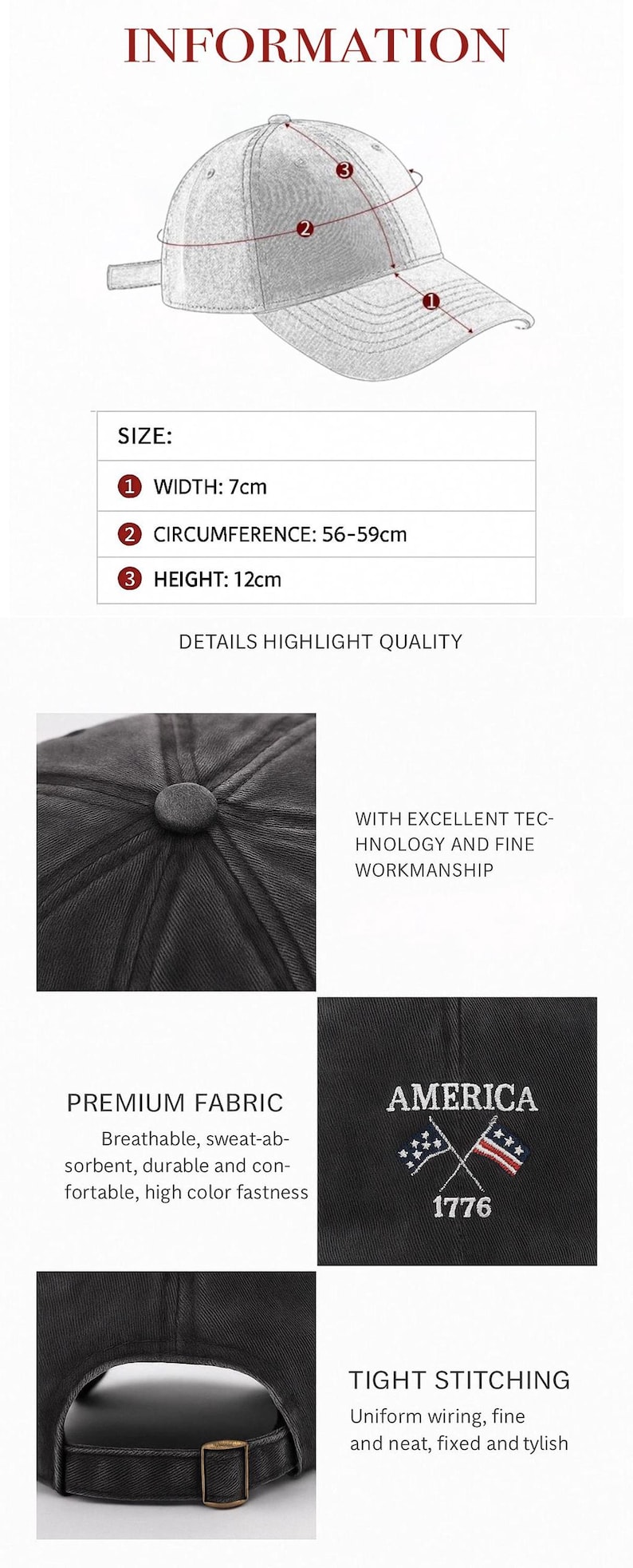 May include: A baseball cap with a 7cm width, 56-59cm circumference, and 12cm height. The cap features an embroidered design with the text AMERICA 1776 and two crossed flags. It includes a fabric strap with a metal buckle and detailed stitching.