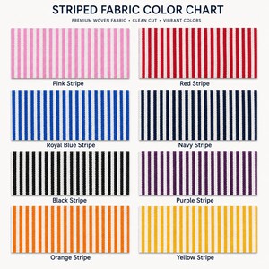 Op de afbeelding: Een kleurenkaart voor gestreepte stof met acht rechthoekige stalen met verticale strepen in roze, rood, koningsblauw, marineblauw, zwart, paars, oranje en geel. De tekst luidt STRIPED FABRIC COLOR CHART, PREMIUM WOVEN FABRIC, CLEAN CUT, VIBRANT COLORS.