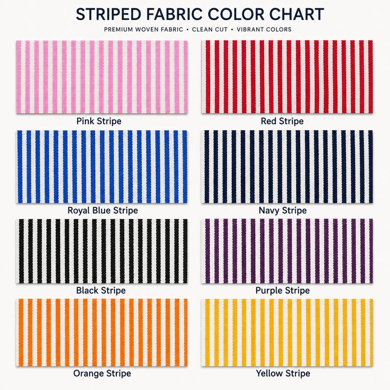 Op de afbeelding: Een kleurenkaart voor gestreepte stof met acht rechthoekige stalen met verticale strepen in roze, rood, koningsblauw, marineblauw, zwart, paars, oranje en geel. De tekst luidt STRIPED FABRIC COLOR CHART, PREMIUM WOVEN FABRIC, CLEAN CUT, VIBRANT COLORS.