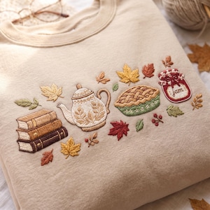 Autumn Book Lover Embroidered Sweatshirt, Cozy Fall Teapot Pullover, Thanksgiving Pie Sweater, Cottagecore Jam Top