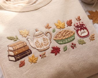 Autumn Book Lover Embroidered Sweatshirt, Cozy Fall Teapot Pullover, Thanksgiving Pie Sweater, Cottagecore Jam Top