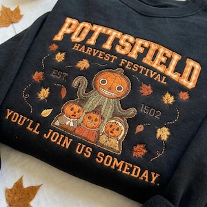 Aangepast sweatshirt Pottsfield Harvest Festival, shirt pompoenskelet appliqué, over de tuinmuur ronde hals, retro Halloween-kleding