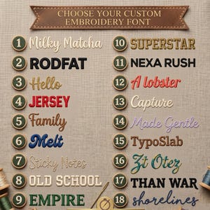 May include: A chart titled CHOOSE YOUR CUSTOM EMBROIDERY FONT displaying eighteen numbered options. Each entry features a unique typeface style, including script, serif, and sans-serif fonts in various colors like black, red, blue, and gold.