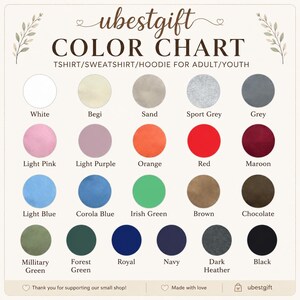 Op de afbeelding: Een kleurenkaart voor t-shirts, sweatshirts en hoodies van ubestgift. Het toont vijfentwintig cirkelvormige kleurstaaltjes met labels waaronder White, Begi, Sand, Sport Grey, Grey, Light Pink, Light Purple, Orange, Red, Maroon, Light Blue, Corola Blue, Irish Green, Brown, Chocolate, Millitary Green, Forest Green, Royal, Navy, Dark Heather en Black.