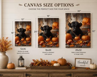 Black Cow Pumpkin Patch Canvas Art: Rustic Farmhouse Autumn Decor