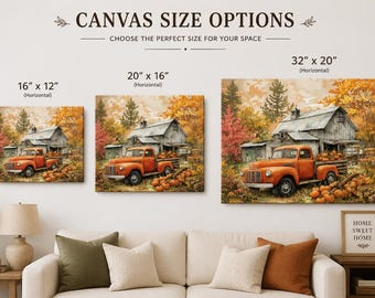 Vintage Orange Truck Canvas Art: Rustic Fall Farmhouse Decor