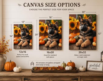 German Shepherd Puppy Canvas Art: Autumn Pumpkins & Sunflowers - Farmhouse Fall Decor