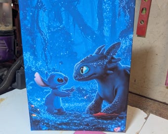Stitch & Toothless Handmade Canvas Print – Disney DreamWorks Fan Art