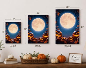 Jack and Sally Halloween Canvas Art: Spooky Jack-o'-Lanterns & Full Moon