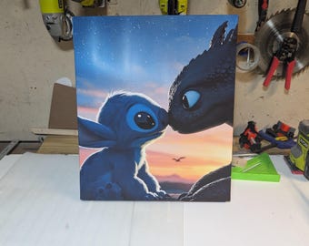Stitch Toothless Crossover Canvas Print, Kids Room Decor, Friendship Art