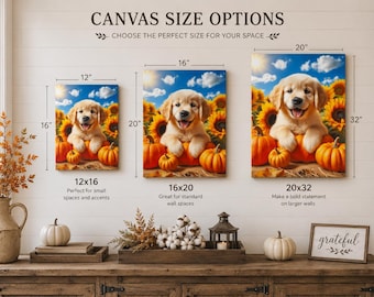 Golden Retriever Puppy Canvas Art: Autumn Pumpkins & Sunflowers Farmhouse Decor