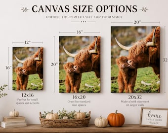 Handmade Large Canvas Print – Highland Cows in Autumn | Fall Farmhouse Décor