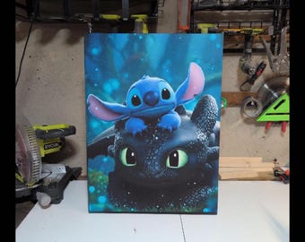 Stitch and Toothless Friends Canvas | Handmade Kids Wall Art
