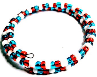 Red White And Blue Glass Bead Memory Wire Bracelet : 4th Of July