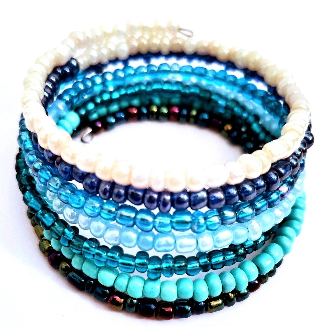 Multi Color Glass Bead Memory Wire Bracelet - Stackable Cuff | Casual ...