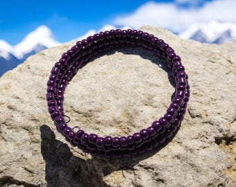 Purple Glass Bead Memory Wire Bracelet: 7 Inch Spiral Wrap | Casual Wear | Everyday Bracelet