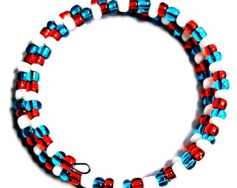 Red White And Blue Glass Bead Memory Wire Bracelet : 4th Of July