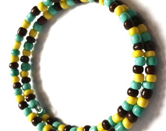 Turquoise Brown And Yellow Memory Wire Bracelet : Summer , Exotic