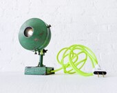 10% SALE - Antique Industrial Green Spotlight Lamp w/ Neon Yellow Net Color Cord- Steampunk