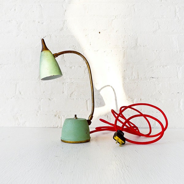 Vintage Mint Green Blue Gooseneck Lamp w/ Red Color Cord