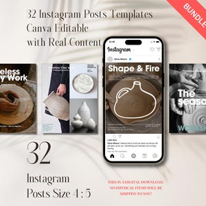 May include: A digital product advertisement featuring 32 Instagram post templates. The image includes a smartphone displaying an Instagram post with the text "Shape & Fire". Other images showcase pottery and the text "Timeless Clay Work". The text "Bundle Offer" is also visible.