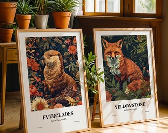 Ensemble d'affiches du parc national - Impression d'art des Everglades, impression d'art de Yellowstone, illustration de la faune, art mural nature, ensemble d'affiches de voyage