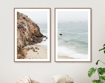 Juego de 2 láminas de playa costera: fotografía de acantilados oceánicos, arte mural minimalista de paisajes marinos, juego de láminas de playa costera, juego de fotografía de naturaleza.