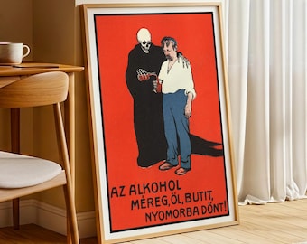 Anti-Alcohol Poster, Grim Reaper Illustration, Vintage Hungarian Poster, French Art Nouveau, Unique Wall Art, Exhibition Wall Art