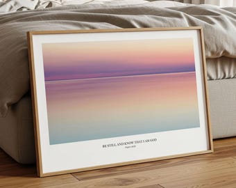 «Estad quietos y sabed que yo soy Dios» – Arte minimalista para pared, Salmo 46:10, Póster de paisaje al atardecer, Decoración de pared sobre fe y espiritualidad