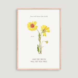 The Truth Will Set You Free Bible Verse Print, John 8:32 Wall Art, Yellow Floral Scripture Poster, Christian Home Decor, Scripture Art Print
