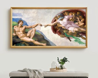 Creation of Adam Print – Michelangelo Sistine Chapel, Panoramic Wall Art, Renaissance Painting, Panorama Poster, Michelangelo Art Print