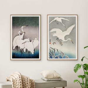 Japanese Crane Art Print Set – Ohara Koson Egret Wall Art, Botanical Vintage Bird Poster, Oriental Nature Decor, Shin Hanga Crane Print