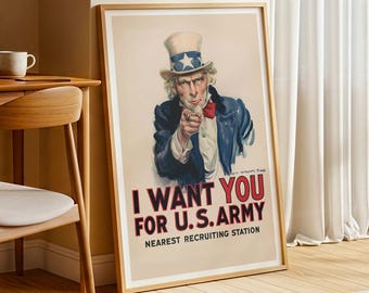 I Want You Poster – Uncle Sam U.S. Army Recruiting Poster, Vintage WWI WWII Propaganda Print, Retro American History Wall Art