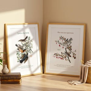 Puede incluir: Dos impresiones artísticas enmarcadas con marcos de madera. Una impresión dice "Look at the birds" y presenta ilustraciones de pájaros en ramas. La otra impresión dice "Are not two sparrows" y muestra ilustraciones de pájaros similares. Ambas impresiones tienen una estética vintage.
