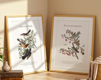 Bible Verse Print Set – "Are Not Two Sparrows" + "Look at the Birds" – Minimalist Christian Wall Art, Scripture Quote Posters, Faith Decor *