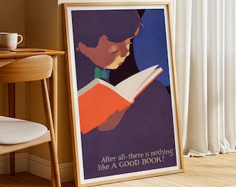 En bra bokposter – Vintage lästryck, litterär väggkonst, antik illustrationdekor, present till bokälskare, biblioteksaffisch