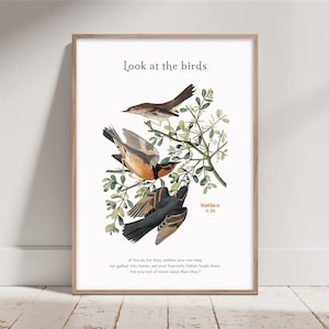 Mira las aves - Impresión de versículos bíblicos, arte mural de las Escrituras, arte cristiano moderno, arte mural espiritual, arte botánico de aves, póster vintage