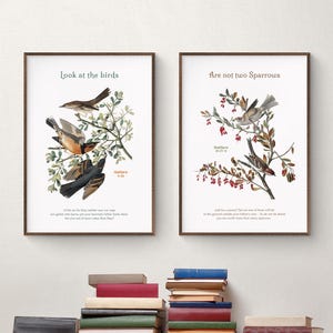Conjunto de impresiones de versículos bíblicos, ¿No son dos gorriones?, Mira los pájaros, Arte mural bíblico, Arte cristiano, Arte mural espiritual, Arte botánico de aves